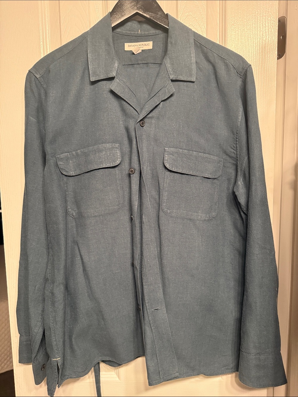 Banana Republic Slate Blue Button-Front Utility Shirt and pants.  Linen